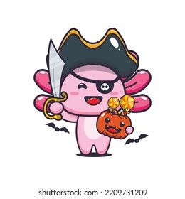 Cute pirates axolotl in halloween day. Cute halloween cartoon illustration.
