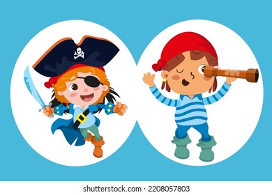 Cute pirates in cartoon style. Character for design of postcards, inscriptions, children's books. Vector illustration, icon on isolated background.