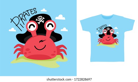 Cute pirates crab design vector illustration ready for print on kids t-shirt.