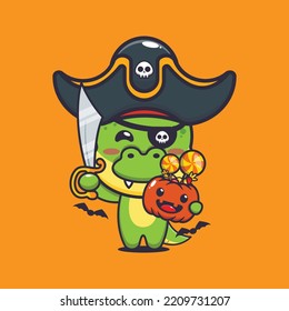 Cute pirates dino in halloween day. Cute halloween cartoon illustration.