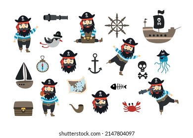 Cute pirate's icon set, with ship, seagull, skull, anchor, treasure chest and pirates. Set of elements for design, patterns and prints.