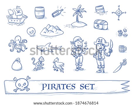 Cute pirate's icon set, with ship, shark, skull, monkey, treasure chest and two pirates. Hand drawn blue outline line art cartoon vector illustration.