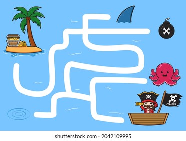 Cute pirates maze game for kids doodle cartoon illustration flat cartoon style design