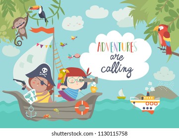 Cute pirates sailing in their ship