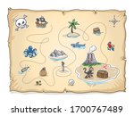 Cute pirate's treasure map with lots of icons and volcano island with treasure chest. Hand drawn cartoon sketch vector illustration, flat style coloring. 