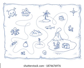 Mapa del tesoro del pirata con muchos íconos e isla volcánica con cofre del tesoro. Dibujo manual de la línea de contorno azul dibujado ilustración vectorial de dibujos animados.