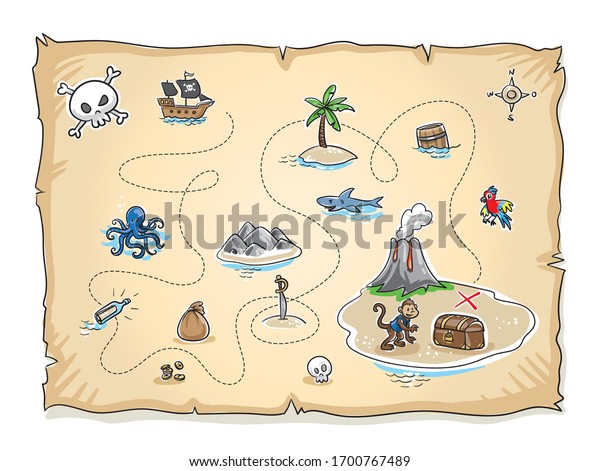 Cute pirate\'s treasure map with lots of\
icons and volcano island with treasure chest. Hand drawn cartoon\
sketch vector illustration, flat style coloring.\
