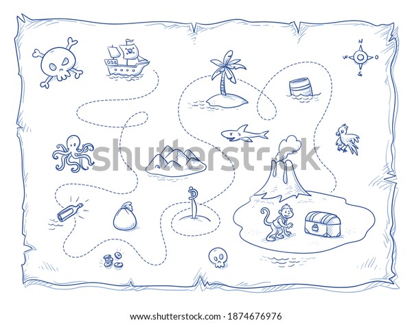 Cute pirate\'s treasure map with lots of\
icons and volcano island with treasure chest. Hand drawn blue\
outline line art cartoon vector\
illustration.