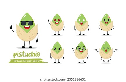 .cute pistachio cartoon with many expressions. nut different activity pose vector illustration flat design set with sunglasses.