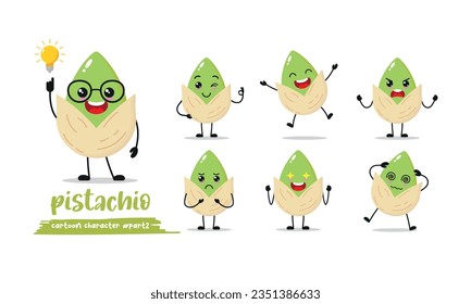 cute pistachio cartoon with many expressions. nut different activity pose vector illustration flat design set.