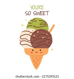 Cute Pistachio ice cream cone illustration with funny "so sweet" quote.Poster with summer cute character.Illustration for book, clothes print.