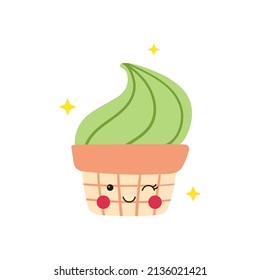 Cute pistachio ice cream in wafer cup drawn in doodle style. Kids vector illustration isolated on white background. Funny print for children's textile, cards and stickers