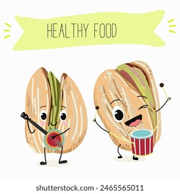 Cute pistachio nut characters, funny nuts, with different activities, outdoor, sports,musical instrument. Organic food, healthy food, illustrations for kids menu.