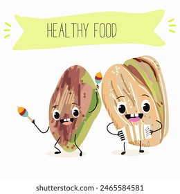 Cute pistachio nut characters, funny nuts, with different activities, outdoor, sports,musical instrument. Organic food, healthy food, illustrations for kids menu.