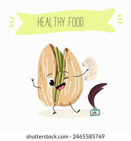 Personajes lindos de nueces de pistacho, nueces divertidas, con diferentes actividades, al aire libre, deportes, instrumento musical. Comida orgánica, comida saludable, ilustraciones para el menú infantil.