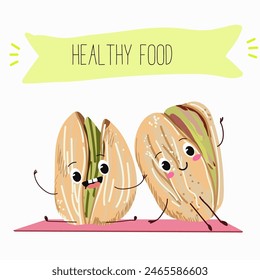 Cute pistachio nut characters, funny nuts, with different activities, outdoor, sports,musical instrument. Organic food, healthy food, illustrations for kids menu.