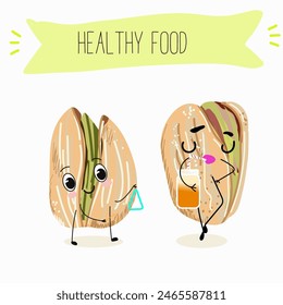 Cute pistachio nut characters, funny nuts, with different activities, outdoor, sports,musical instrument. Organic food, healthy food, illustrations for kids menu.
