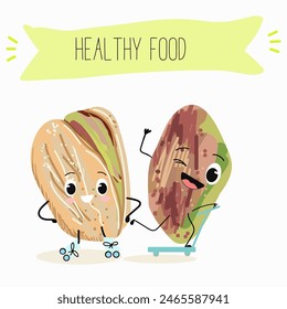 Nette Pistazienmutterfiguren, lustige Nüsse, mit verschiedenen Aktivitäten, im Freien, Sport, Musikinstrument. Bio-Essen, gesundes Essen, Illustrationen für Kinder Menü.