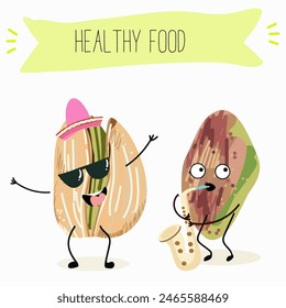 Cute pistachio nut characters, funny nuts, with different activities, outdoor, sports,musical instrument. Organic food, healthy food, illustrations for kids menu.