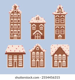 Cute pixel 8 bit gingerbread houses set collection. Isolated Christmas cookies with icing elements. Winter holidays celebration decoration dessert vector. For card, scrapbooking, invitation, media