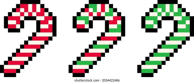 Cute pixel 8 bit red and green Christmas candy cane pack - vector, isolated