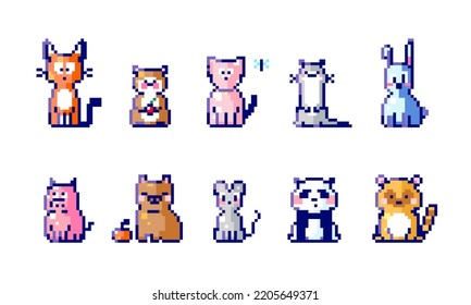 Cute pixel art 8bit animals icons. Cute pixel dog, cat, fox, raccoon, rabbit, panda, otter, pig, mouse, capybara, hamster, squirrel. Retro gaming animals sticker collection.