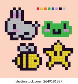 Cute pixel art animal sprite set featuring an 8-bit gray rabbit, a smiling green frog face, a yellow honeybee, and a retro star icon, perfect for indie game assets, mobile UI design, and pixel art templates