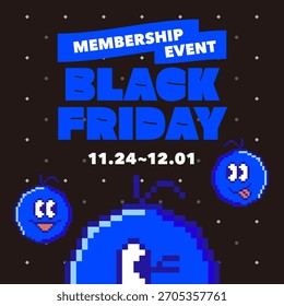 Cute Pixel Art Blue Character Membership Event Anuncio de promoción de venta de Black Friday