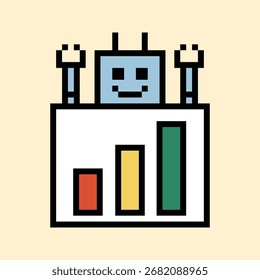 Cute pixel art cartoon robot or AI learning skill with calculate chat bot robot vector character technology background 8 bit art.