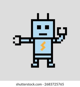 Nette Pixel Kunst Cartoon Roboter oder ai Lernen Geschicklichkeit mit für Bildung berechnen Chat Roboter Vektor Charakter Technologie Hintergrund 8 Bit.