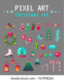 Cute pixel art christmas set for design. Vector illustration.