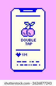 Cute pixel art of a double tap gesture with cherries on a smartphone. Retro Y2K aesthetic, perfect for social media, stickers, UI design, and fun digital projects. Bright, playful, and nostalgic.