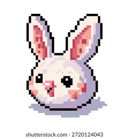 Nette Pixel-Kunst Osterhase Symbol in einem 8-Bit Retro-Spiel Stil. Stilisierter Kaninchencharakter mit sanften Pastellfarben, sauberer Pixelschattierung und fetten Umrissen, einzeln auf weißem Hintergrund. Ideal für Osteraktionen, Handyspiele, UI-Symbole, Aufkleber, Kinderinhalte und saisonale Designs.