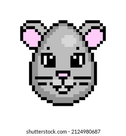 Cute Pixel art Easter egg decorated as a gray mouse, 8 bit icon isolated on white background. Ovoid shape animal head avatar. Old school vintage retro 80s, 90s 2d video game, slot machine graphics.