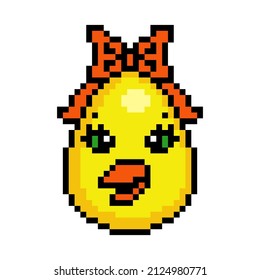 Cute Pixel art Easter egg decorated as a chicken with ribbon bow, 8 bit icon isolated on white background. Animal head avatar. Old school vintage retro 80s, 90s 2d video game, slot machine graphics.