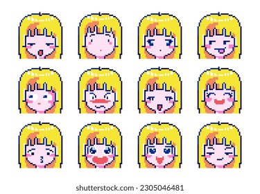 Cute Pixel Art Emote Icons.  Expressive 8bit Blonde Girl Emoji Experiencing diverse emotions - Perfect for Decorative Digital Art, Game Streaming, Stickers, Video Game Element.