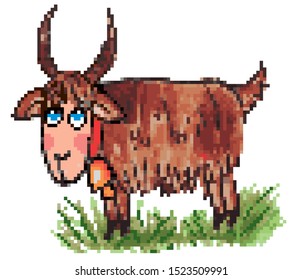 Cute pixel art goat. Colored vector for card or gift. 