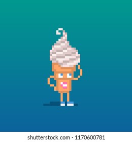 Cute pixel art ice cream personage. vector illustration.