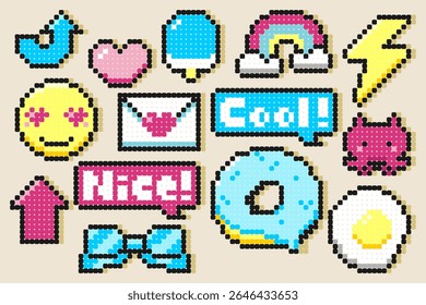 Cute pixel art icons with bead style design, featuring heart, emoji, donut, rainbow, and fun text. Great for digital stickers and kid's designs.
