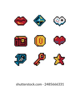 Cute pixel art icons set, 80s style, sticker design pack, lips, diamond, heart, key, star, fish, chest, design for logo game, web, mobile app, badges and patches. Isolated 8-bit vector illustration