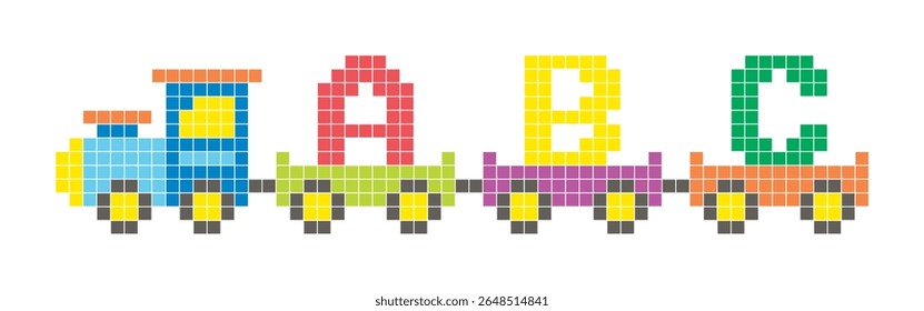 Cute pixel art illustration of a colorful toy train carrying the letters A, B, and C. Ideal for children's educational materials, alphabet learning tools, or preschool-themed designs.