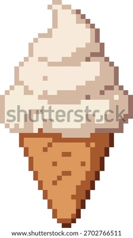 A cute pixel art illustration of an ice cream cone with a scoop of pink ice cream and chocolate chips. The retro 8 bit style and warm colors give it a fun, nostalgic video game feel.