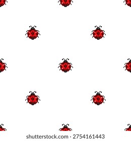 Cute pixel art ladybug seamless pattern in retro 8-bit style. Perfect for fabric prints, kids products, garden themes, wallpaper, wrapping paper, and playful nature inspired designs.