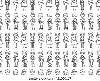 Cute pixel art people character seamless pattern. Male and female vector pixelated avatar set in different fashion clothes.