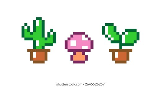 Cute pixel art of potted plants and a mushroom. Includes a cactus, a pink mushroom, and a leafy plant in small brown pots. Retro 8-bit style on a white background.
