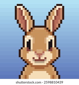Cute pixel art rabbit illustration. This adorable bunny features a simple, pixelated style with soft brown tones against a gradient blue background
