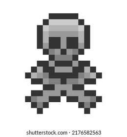 Cute Pixel art skull and bones. 8 bit style retro game pattern for halloween decoration. Vector. 90s style pixel Skeleton skull and cross bones.