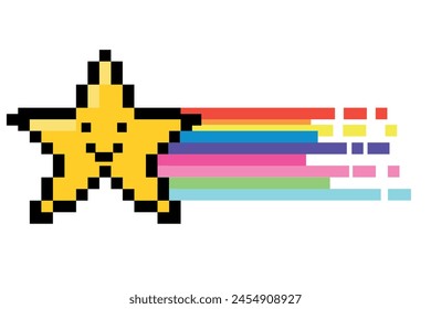 Cute pixel art star and rainbow icon. Geek element in the style of 90s game. Old school graphic clipart. Vintage, 8 bit, 80s, 90s games, computer arcade game items