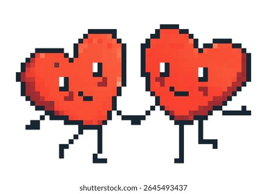 Bonito pixel arte de dois corações de mãos dadas, expressando amor e amizade de uma maneira vibrante e lúdica