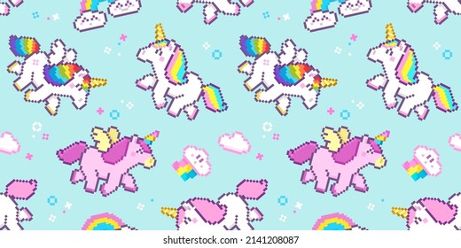 Cute Pixel Art Unicorns seamless pattern on blue background. Cartoon unicorns with rainbow tails for design  backgrounds, wallpapers, fabrics, wrapping paper, scrapbooking